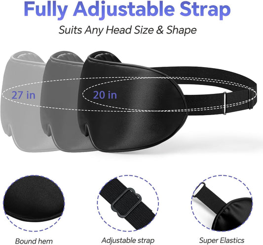 Sleep Eye Mask for Men Women, Silk Sleep Mask for Side Sleeper, Travel Blackout Night Blindfold Eye Shade Cover with Adjustable Strap (Black & Pink)