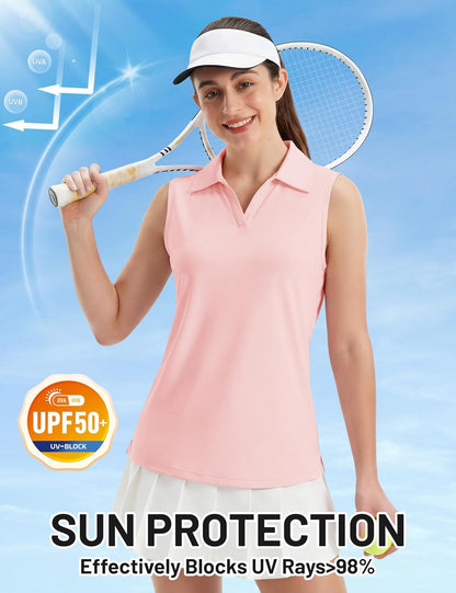 TACVASEN Womens Golf Shirt Sleeveless UPF 50+ Polo Shirts Collared Tennis Tops V Neck Athletic Workout Tank Quick Dry