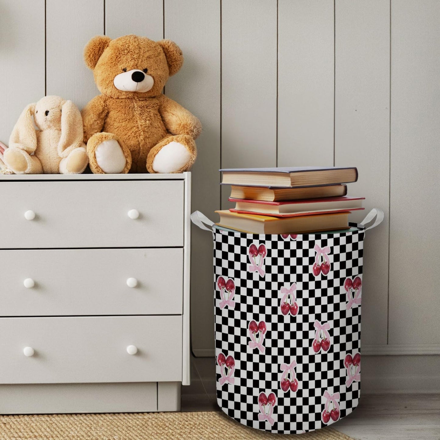 Coquette Pink Cherry Bow Laundry Basket, Toybox for Girls Room, Checkered Laundry Basket Hamper Waterproof Collapsible Clothes Toys Storage Bin Organizer for Bedroom Bathroom Girls Room Dorm
