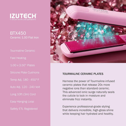 IZUTECH BTX450 1 Inch Tourmaline Ceramic Flat Iron Hair Straightener, Professional Salon Negative Ion Straightener with Adjustable Temperature for All Hair Types, Anti-Frizz High Shine, Pink