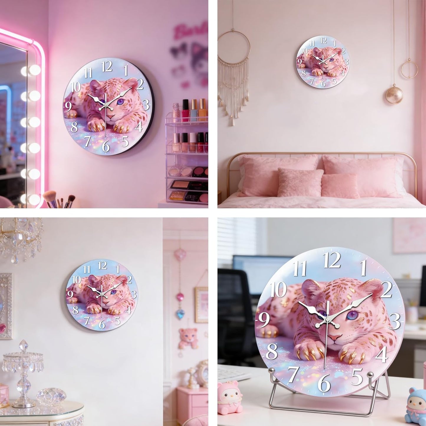 peacoblue Wall Clocks Battery Operated 12 Inch Pink Leopard Glass Round Wall Clock Non Ticking for Kitchen Living Room Dining Room Bedroom and Bathroom Decor (Battery not Included)