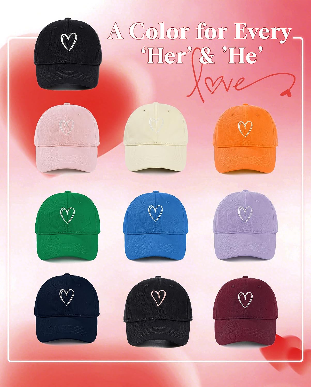 Zando Women's Heart Embroidered Baseball Cap, Adjustable Cotton Dad Hat, Low Profile Casual Cap for Everyday Wear