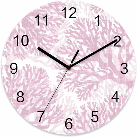 Coral Wall Clock Battery Operated Non-Ticking 10" Round Wood Clocks, Ocean Coral Coastal Pink Vintage Kitchen Wall Clock for School Bathroom Living Room Home Office Wall Decor