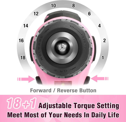 WORKPRO 20V Pink Cordless Drill Driver Set, 3/8” Keyless Chuck, 2.0 Ah Li-ion Battery, 1 Hour Fast Charger and 11-inch Storage Bag Included - Pink Ribbon