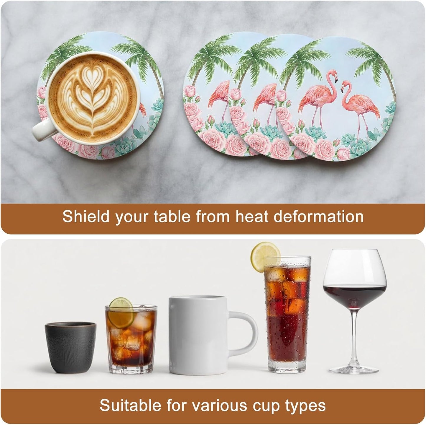 Coaster for Drinks 4 Pack,Coastal Flamingo Pink Rose Absorbent Round Ceramic Stone with Cork Base and Metal Holder,Light Blue Background Cup Mats for Home Dining Coffee Tables