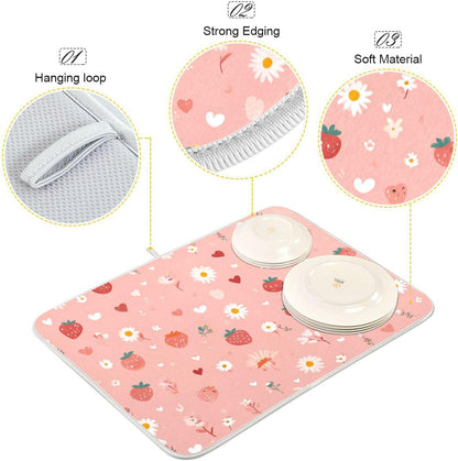 Pastel Pink Daisy Strawberry Hearts Dish Drying Mat for Kitchen Counter Kitchen Drying Mat Dish Rack Mat Dish Drainer Pad Microfiber Absorbent Washable Drying Pad for Countertop 16 x 18