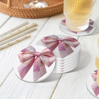 Light Pink Bow Balloon Patchwork Embroidery Ceramic Coasters with Holder Set of 6 Coffee Cup Drink Coasters