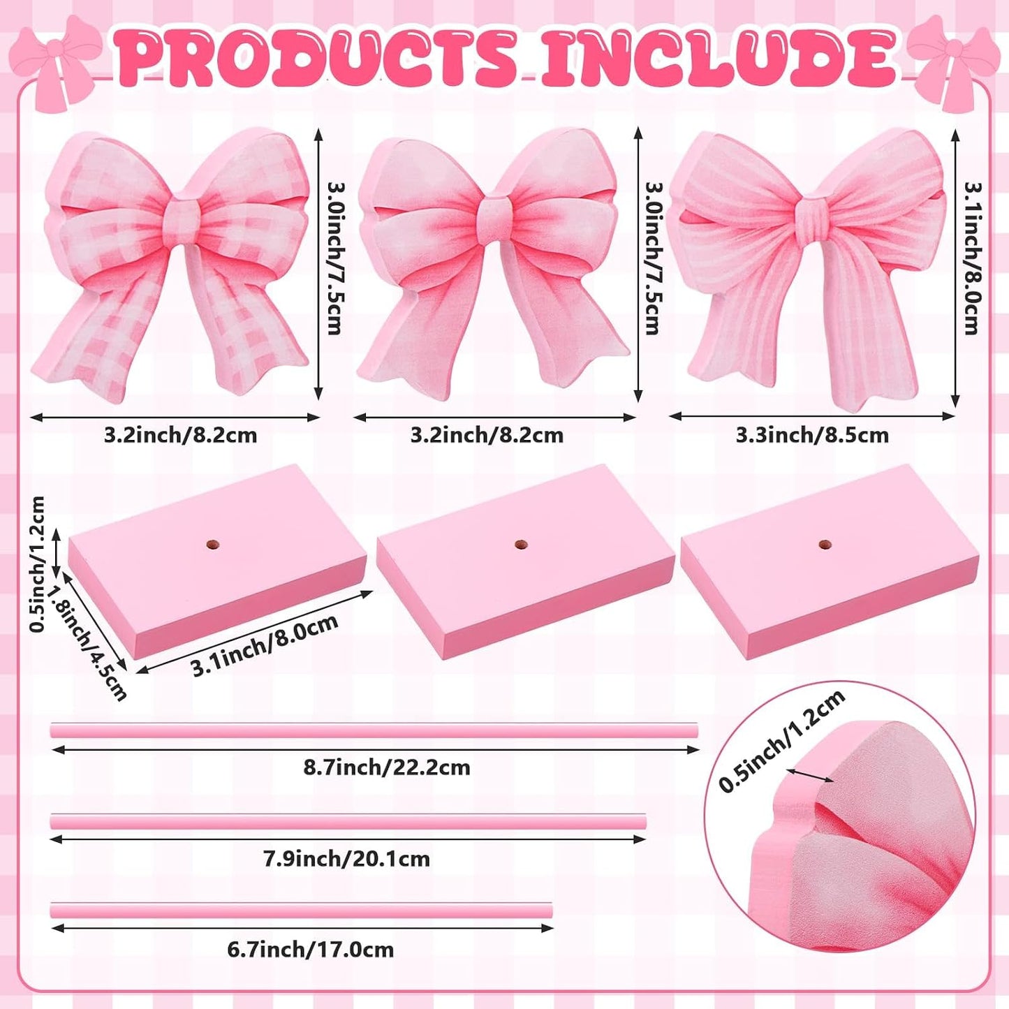 3 Pcs Small Bow Wooden Sign Tall Standing Block Coquette Room Decor Bow Centerpieces for Table Topper Girly Coquette Party Tiered Tray (Pink Bow)