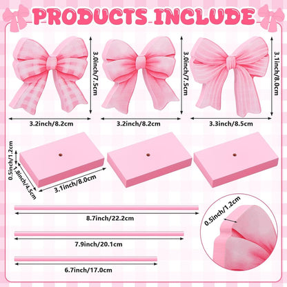 3 Pcs Small Bow Wooden Sign Tall Standing Block Coquette Room Decor Bow Centerpieces for Table Topper Girly Coquette Party Tiered Tray (Pink Bow)