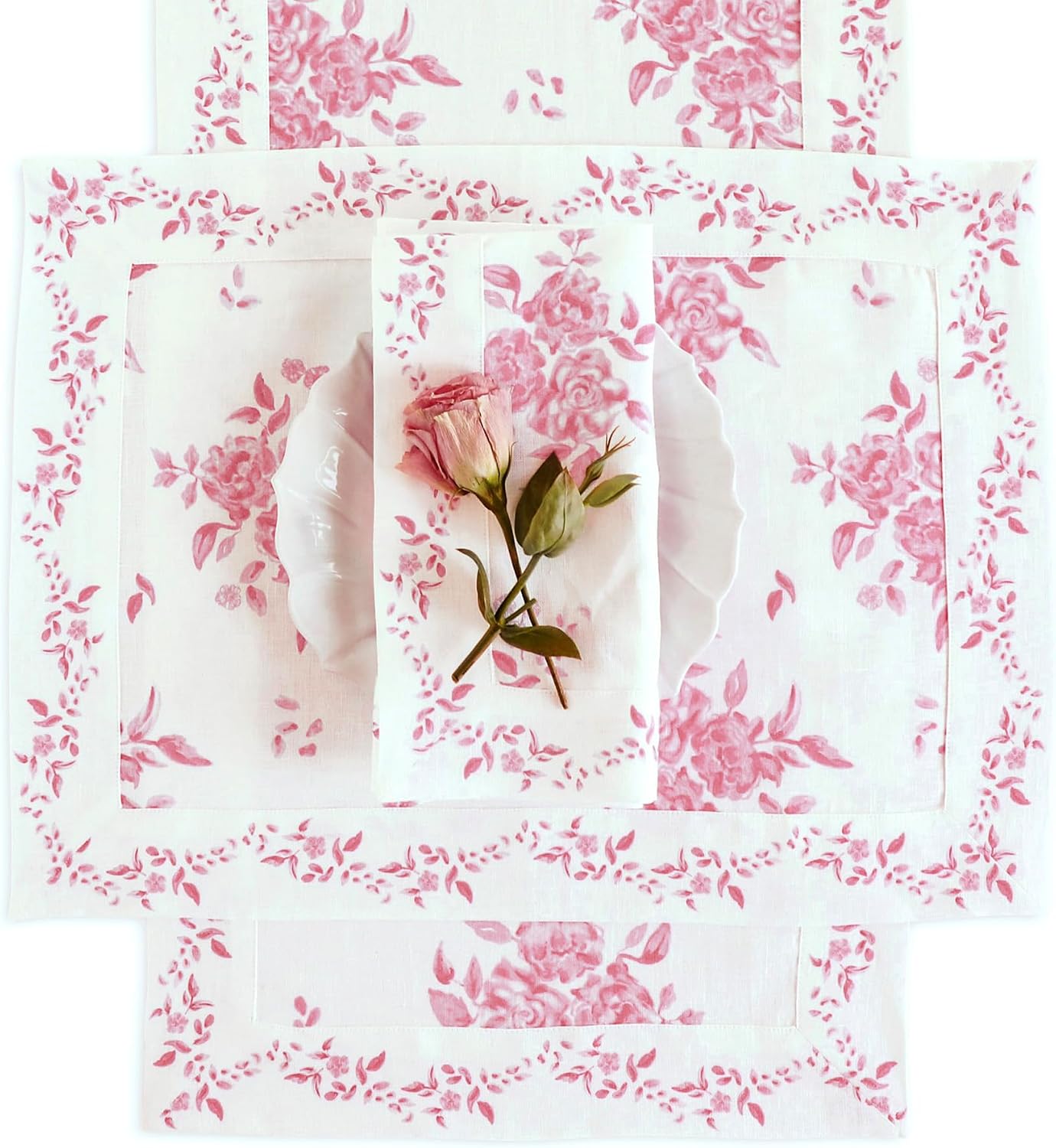 Solino Home Pink Floral Print Table Runner 72 Inches Long - 100% Pure Linen Table Runner 14 x 72 Inch for Spring, Summer - Handcrafted and Machine Washable - Jolie Fleur Print