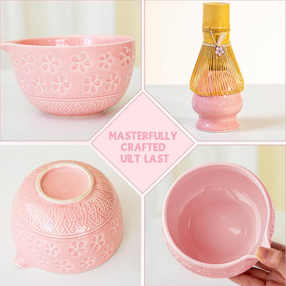 8 Pcs Matcha Whisk Set: Pink Matcha Tea Set Includes Ceramic Bowl, Whisk and Holder, Bamboo Scoop, Scoop Rest, Sifter and Tea Towel - Matcha Making Kit for Matcha Lovers