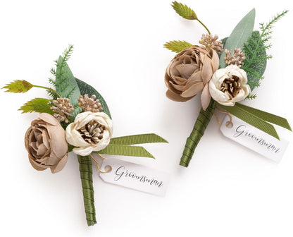 Ling's moment Boutonniere for Men, 2pcs Groom Groomsmen Guest Boutonniere, Artificial Flowers for Wedding/Prom/Homecoming, etc.Soft Peach Brown