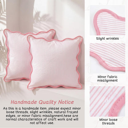 HunnmingRe 2 Pcs Scalloped Edge Striped Pillowcases Stripe Throw Pillow Cover Only Wear Resistant Pillow Shams for Couch Bed Sofa Bedroom Living Room Outdoor Party(Pink,18'' X 18'')