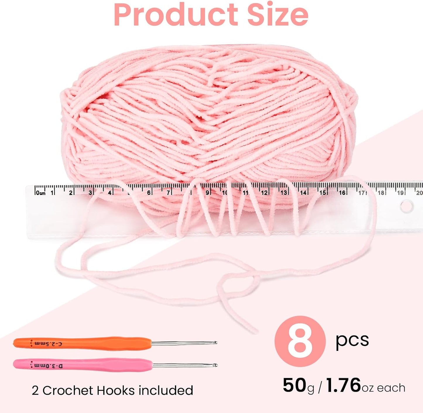 8Pack of 50g/1.76oz Chenille Yarn for Crocheting, Fluffy Soft Velvet Amigurumi Yarns, Skinny Baby Yarn for Beginners Knitting/Crochet Blankets Plush Toys Wearables DIY Craft (Pink)