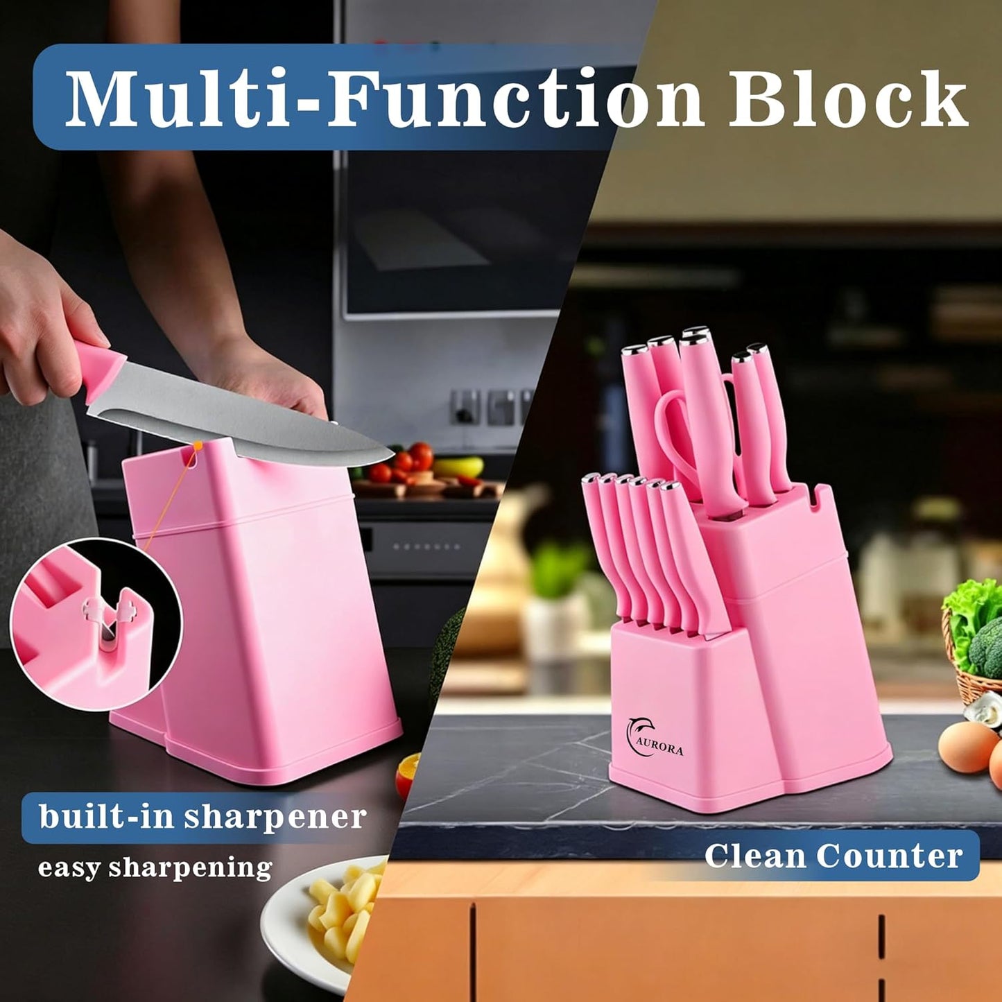 Knife Set, 15 Piece Knife Block Set with Built-in Sharpener, Dishwasher Safe, Rust Resistant, Ergonomic Handle, Stainless Steel Pink