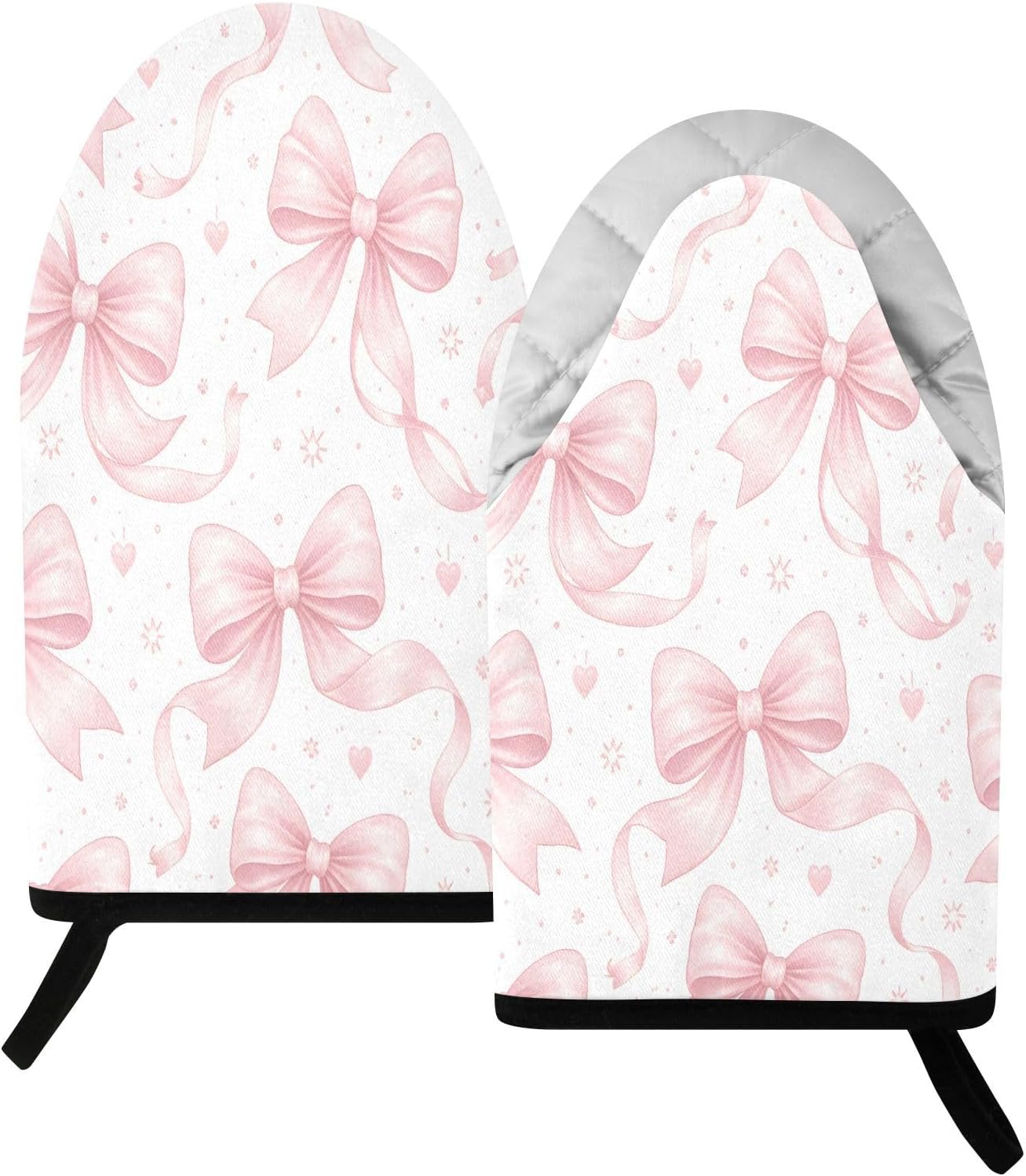 Bows Watercolor Pink Non-Slip Oven Mitts Set Heat Resistant Kitchen Gloves with Quilted Liner Cotton Machine Washable with Hanging Loop for Baking Grilling BBQ