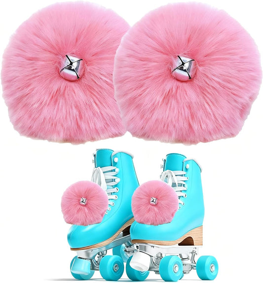 Bestookits Roller Skate Pom Poms with Bells, Skating Outfit Ice Skating Accessories, Roller Skate Decorations for Girls Women 2 Pieces (Pink)