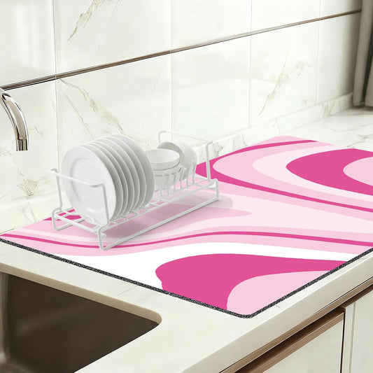 Dish Drying Mat 16" X 24", Super Absorbent & Cuttable Coffee Mats for Countertop, Kitchen Counter Mat Fits Under Coffee Maker or Machine, Hide Stain Drying Pad for Dish Drying Rack, Pink Abstract