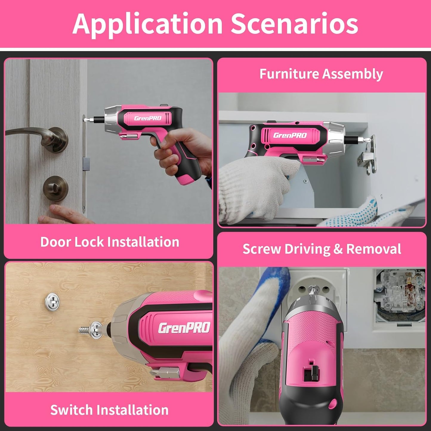 GRENPRO 4V Electric Screwdriver Rechargeable 29pcs, Cordless Screwdriver, USB Small Power Screwdriver Set with Bits, Pink, Ideal for Home Repairs