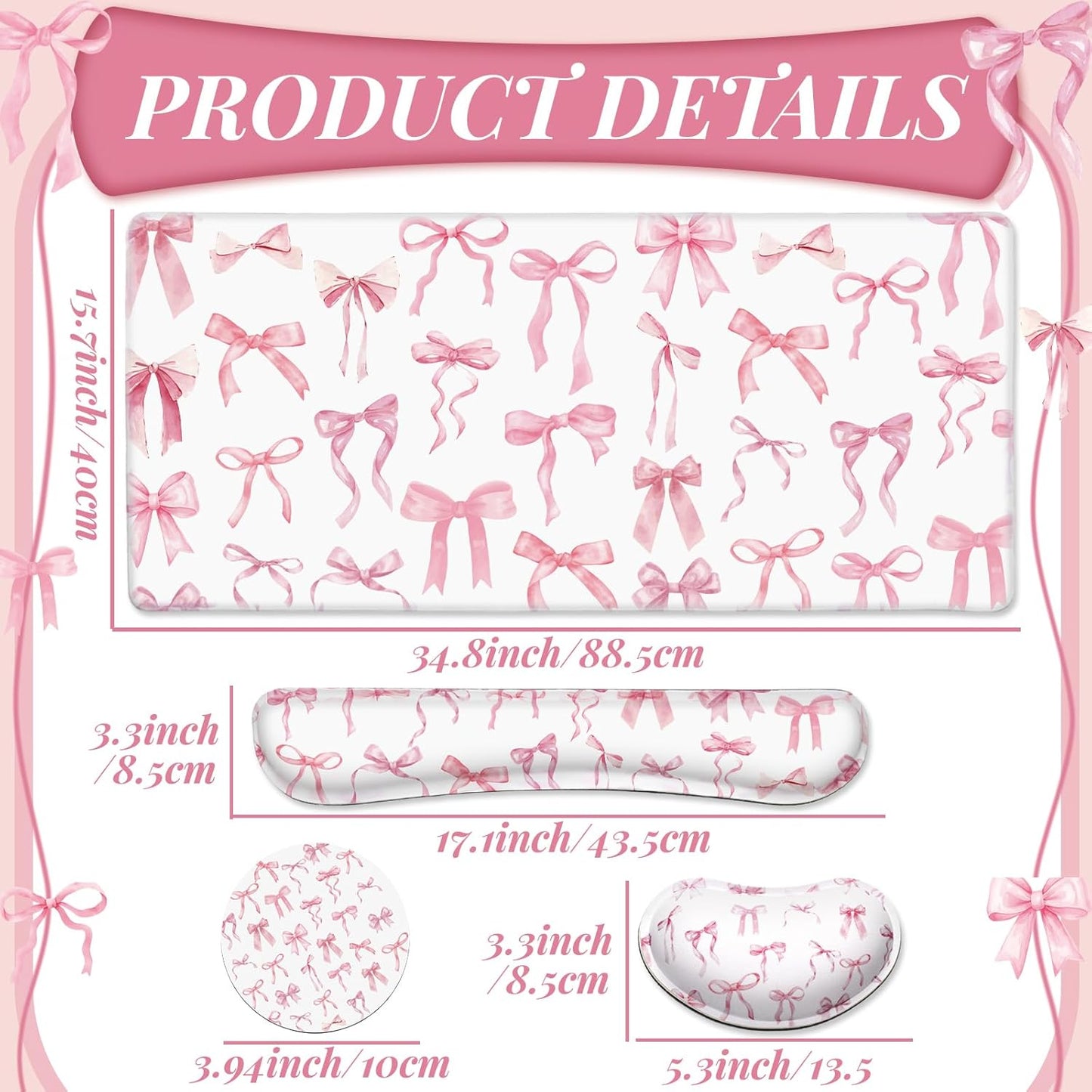 Relaxweex 4 Pcs Pink Bow Keyboard Mat and Mouse Pad Set Coquette Desk Mat Bowknot Mouse Pad with Wrist Rest Cute Keyboard Wrist Rest Preppy Cup Coasters Pink Ergonomic Design for Office Table Computer