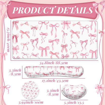 Relaxweex 4 Pcs Pink Bow Keyboard Mat and Mouse Pad Set Coquette Desk Mat Bowknot Mouse Pad with Wrist Rest Cute Keyboard Wrist Rest Preppy Cup Coasters Pink Ergonomic Design for Office Table Computer