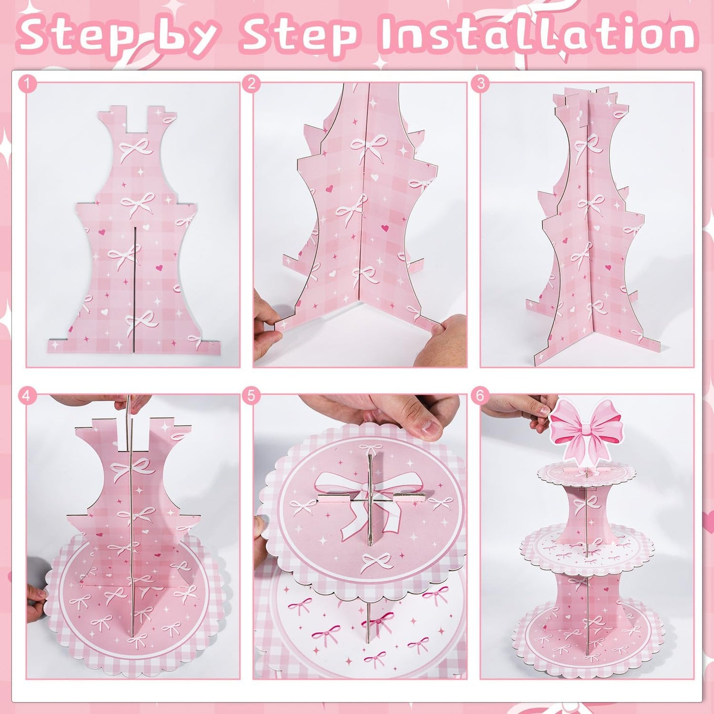 Keluna Pink Bow Party Decorations - Reusable Conquette Birthday Decorations Party Supplies Pink Bow 3 Tier Cupcake Stand Conquette Party Decor for Birthday Decor Baby Shower Gender Reveal