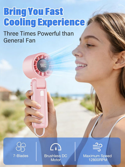 Handheld Turbo Fan, 100-Speed Portable Mini Fan with 12800 RPM Strong Airflow, Foldable 4-in-1 Personal Fan for Travel, Camping, Beach & Office, USB-C Rechargeable, Lightweight & Quiet (Pink)