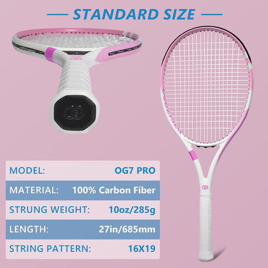 OGEENIER 27 Inch Tennis Racket, Strung, Carbon Fiber Recreational Racquet | Full Carbon, Grip 4 1/4", Head-light-balance, 100 SQ. IN., Lightweight at 10.5oz, Arm-friendly, High-elasticity String