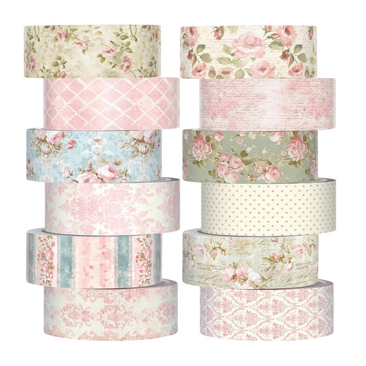 12 Rolls Watercolor Floral Washi Tape Set 15 mm Vintage Flower Decorative Masking Tape for Summer School Arts DIY Craft Scrapbook Journal Supplies Gifts(Vintage Pink,Rose)