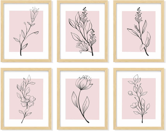97 Decor Pink Botanical Wall Art - Pink Flower Wall Art Blush Floral Prints, Minimalist Plant Line Art Poster, Light Pink Flower Pictures Wall Decor, Botanical Artwork for Bedroom (8x10 Unframed)