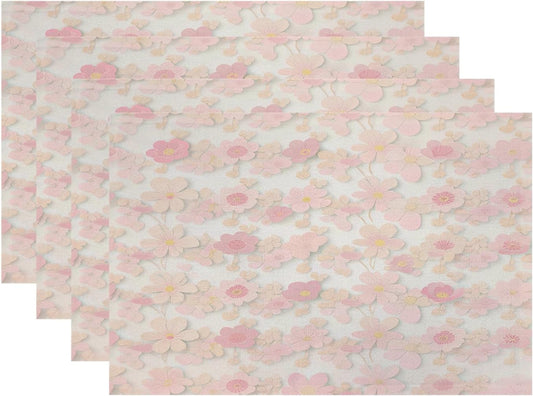 Batmerry Pink Cherry Blossom Placemats, Light Pink Delicate Floral Washable Linen Table Mats for Kitchen Table Double Insulation Decor Dining Set Indoor Outdoor 12X18 in Set of 4