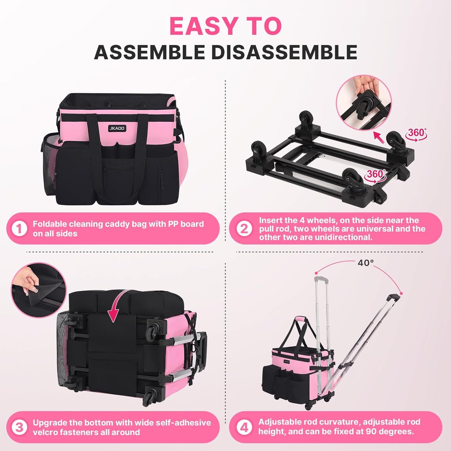 JKAOO Large Rolling Cleaning Caddy Bag with Detachable Trolley, Waterproof Cleaning Caddy on Wheels for Housekeepers, Cleaning Cart Supplies Organizer for Home,Car,Office,Picnic (Pink) (Patented)