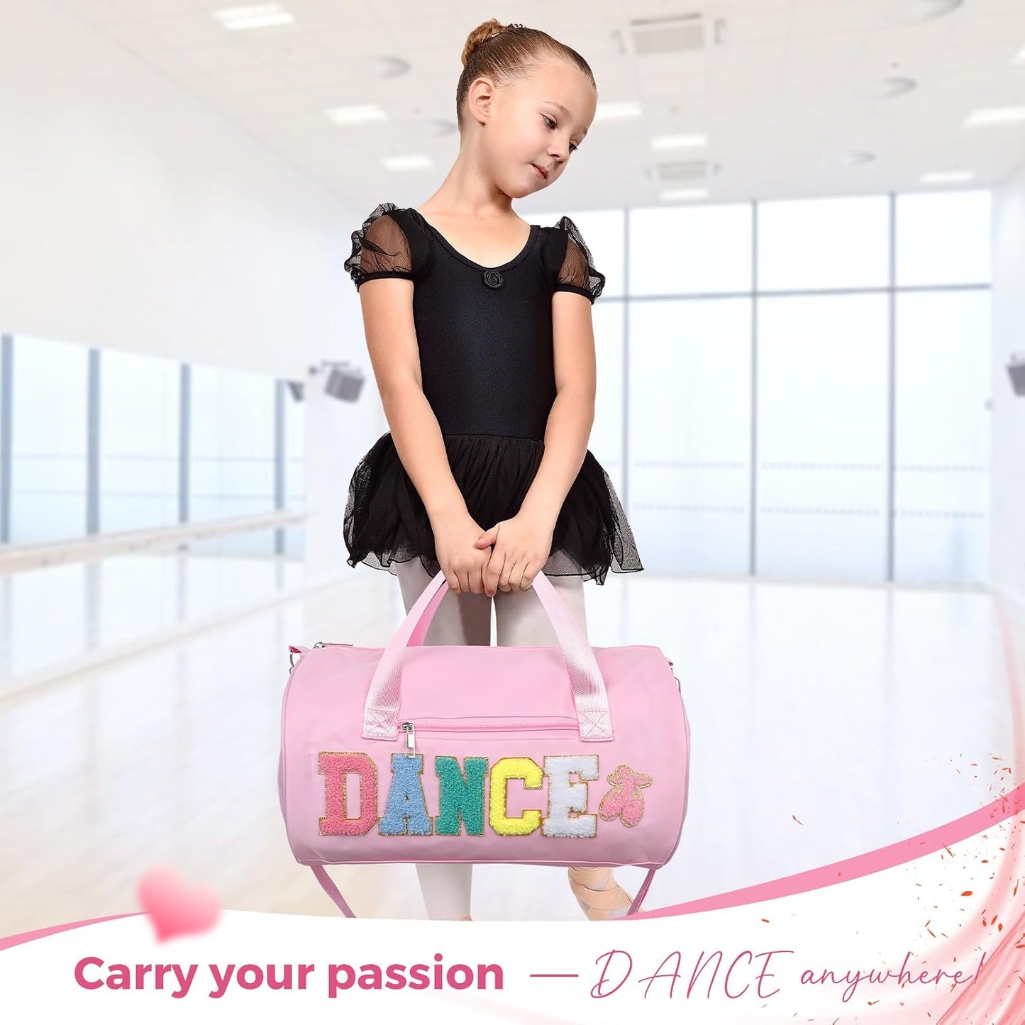 Dance Bag for Girls, KUIRAN 23L Waterproof Travel Duffel Bag with Colorful Chenille Letter, Lightweight Small Gym Sport Ballet Bag with Large Main Compartment 15"Lx9"Wx9"H - Light Pink