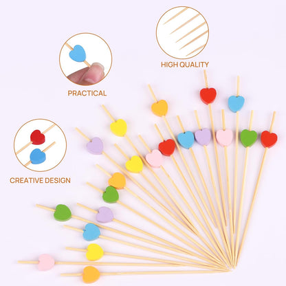 JtmyAota 100 Pack Fruit Toothpicks, Heart-Shaped Bamboo Cocktail Picks, Natural Bamboo Toothpicks for Appetizers Fruit Cake Dessert Barbecue Snacks Sandwiches (Pink)