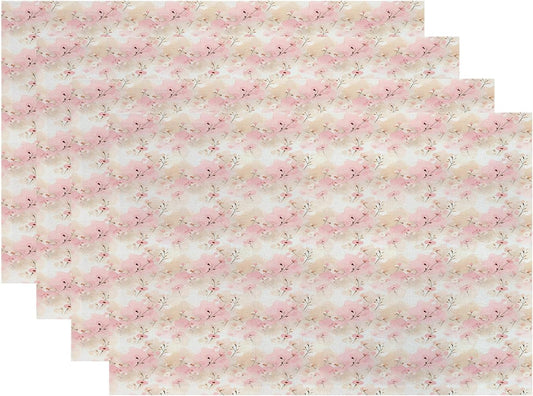 Batmerry Watercolor Cherry Blossom Placemats, Light Apricot Flowers Washable Linen Table Mats for Kitchen Table Double Insulation Decor Dining Set Indoor Outdoor 12X18 in Set of 4