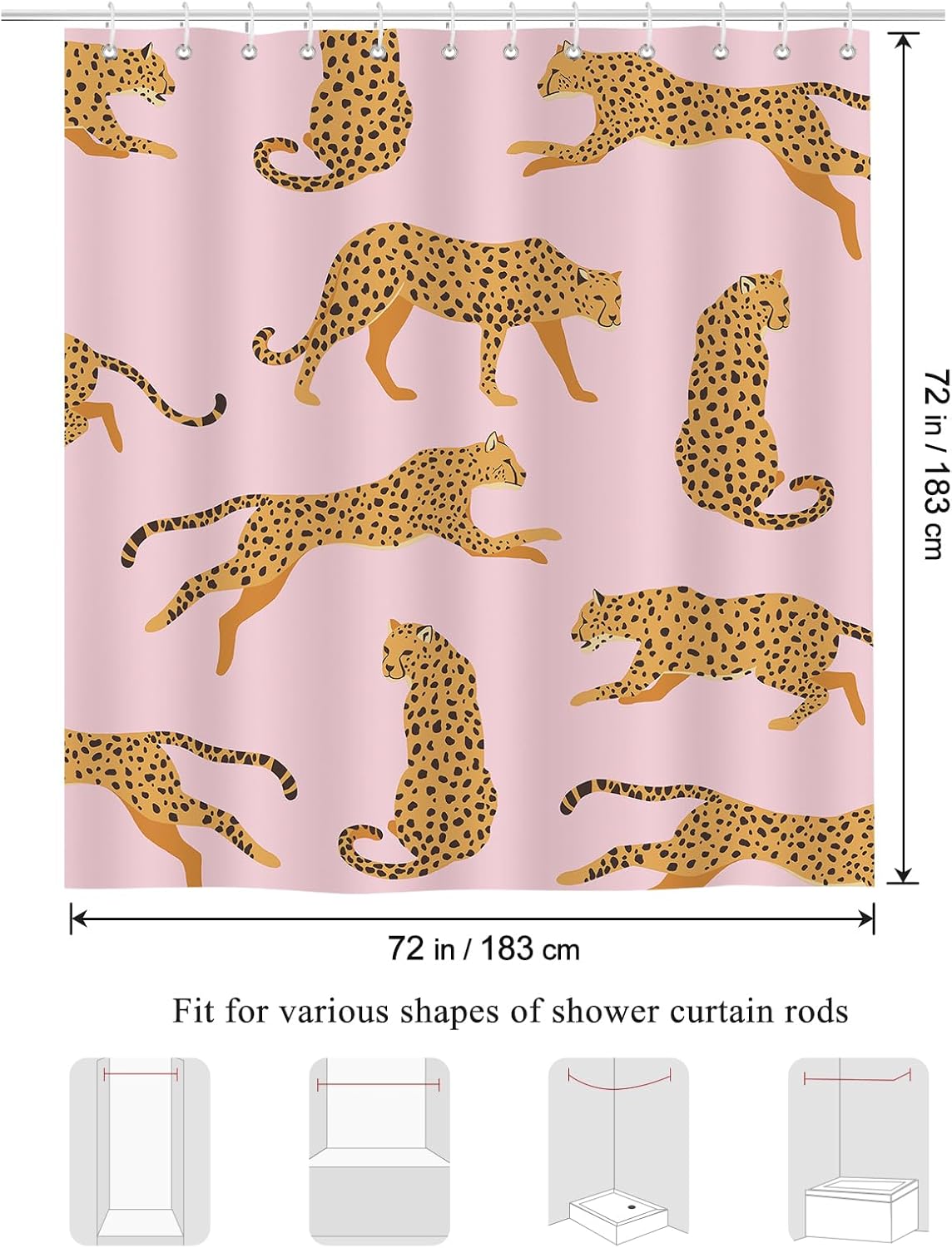 Bonhause Pink Leopard Shower Curtain, Trendy Cheetah Tropical Animal Bathroom Curtain 72x72 Inch Polyester Fabric Waterproof Bath Curtain with 12 Hooks