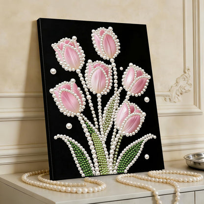 FRANDEK Pink Tulip DIY Pearl Painting Kit, Framed 3D Textured Handmade 30x40cm, Sparkling Gem Art Decor for Living Room, Study, Relaxing Creative Project, Gift for Friends Mother's Day