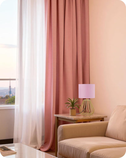 Pink and Gold Table Lamp, Small Bedside Lamp with Metal Base & Pink Linen Lampshade, Modern Nightstand Lamp, Little Cute Desk Lamp for Girl Kid's Room, 2700K LED Bulb Included, DP06TL05