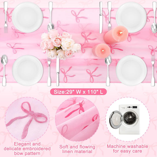 Tudomro Embroidery Pink Bow Tulle Table Runner 9.2 ft Coquette Pink Cheesecloth Table Runner 110 Inch Gauze Boho Dining Decor for Wedding Birthday Baby Shower Christmas Valentine's Home Decor