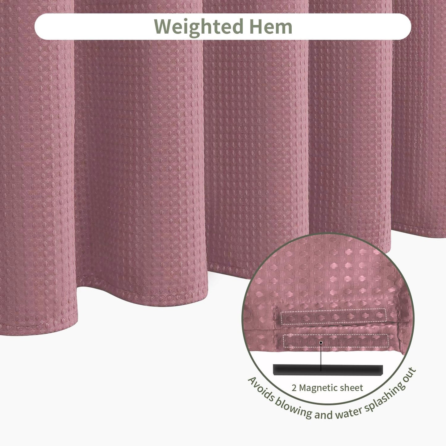 Inhousolu Fabric Shower Curtain, Waffle Weave 230 GSM Polyester, Weighted Hem, Metal Hooks Included, Water Repellent Washable, 72 x 72 Inch, Pink