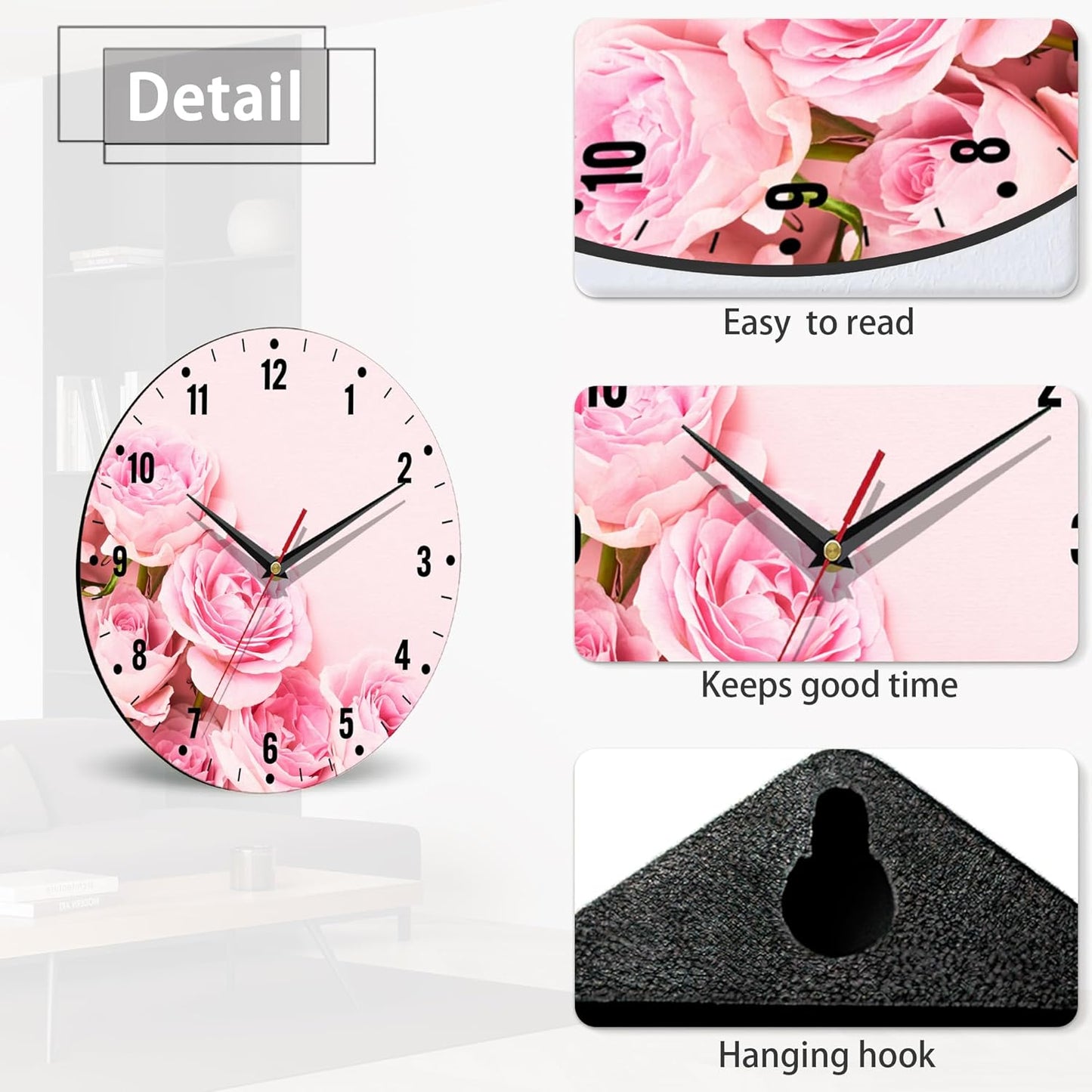 SPUNKER Wall Clock,Pink Roses Flowers Wall Clocks for Living Room Decor,Floral Kitchen Clocks Wall Battery Operated - 10 Inch Round Bathroom Wall Clock Silent Non-Ticking