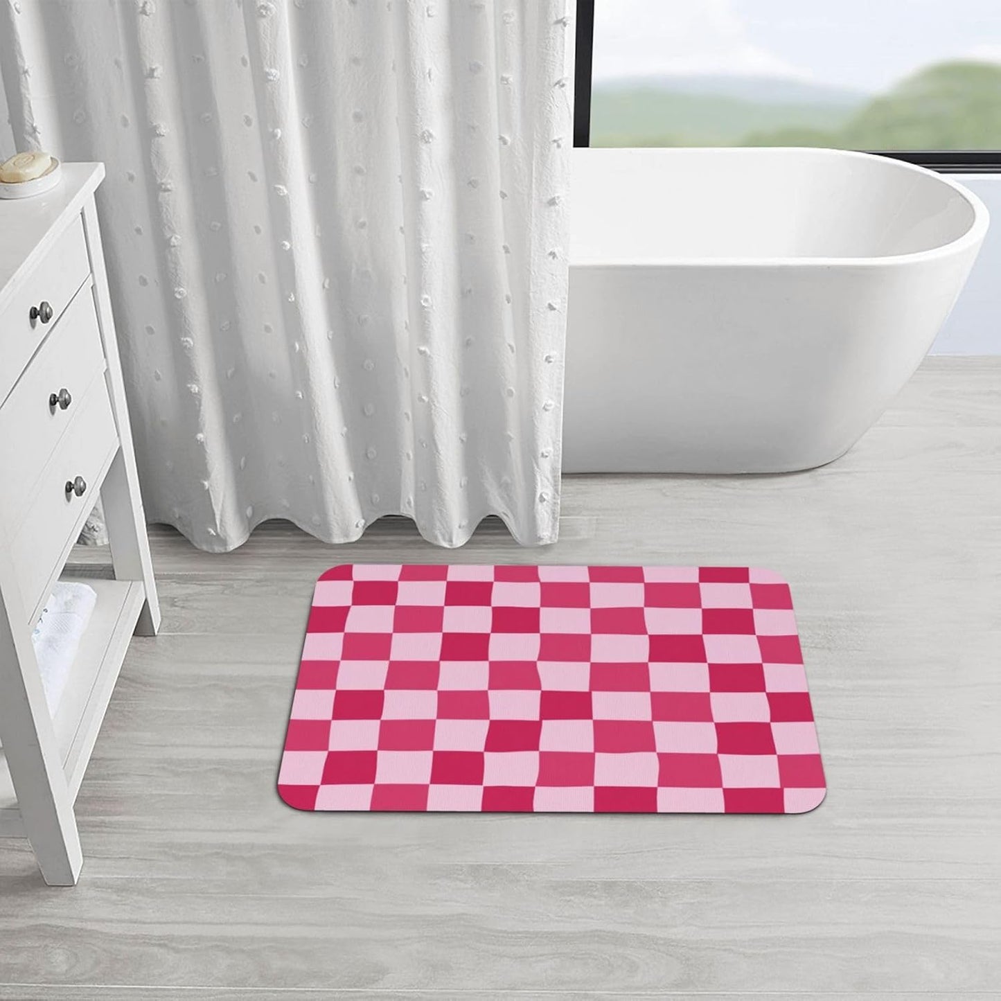 Bath Mat Pink Checkerboard Pattern Absorbent Non Slip Doormat 19.7x31.5 in Washable Diatomaceous Shower Mat Floor Mats for Bathroom Kitchen Entryway
