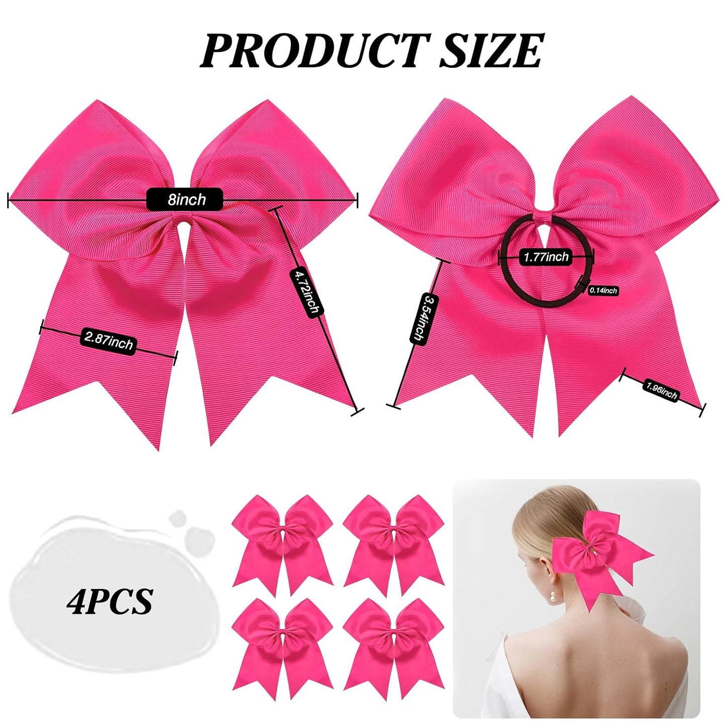 4pcs Large Cheering Bows 8 Inch Pink Cheerleading Bows with Elastics Hair Ties Bands Ponytail Holder for Cheerleader Softball Football Competition College Sport
