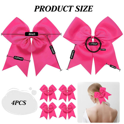 4pcs Large Cheering Bows 8 Inch Pink Cheerleading Bows with Elastics Hair Ties Bands Ponytail Holder for Cheerleader Softball Football Competition College Sport
