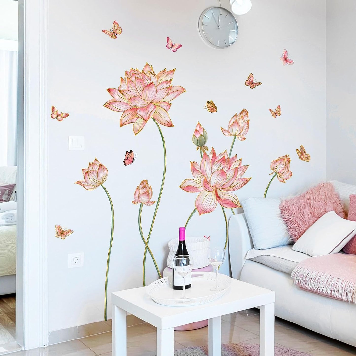 Gold Flower Wall Decals Blue Pink Floral Wall Sticker Creative Lotus Peel and Stick Removable Wall Art Decor for Living Room Bedroom Home Office (PinkLotus)