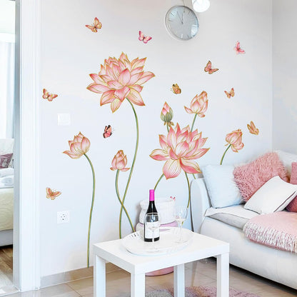 Gold Flower Wall Decals Blue Pink Floral Wall Sticker Creative Lotus Peel and Stick Removable Wall Art Decor for Living Room Bedroom Home Office (PinkLotus)