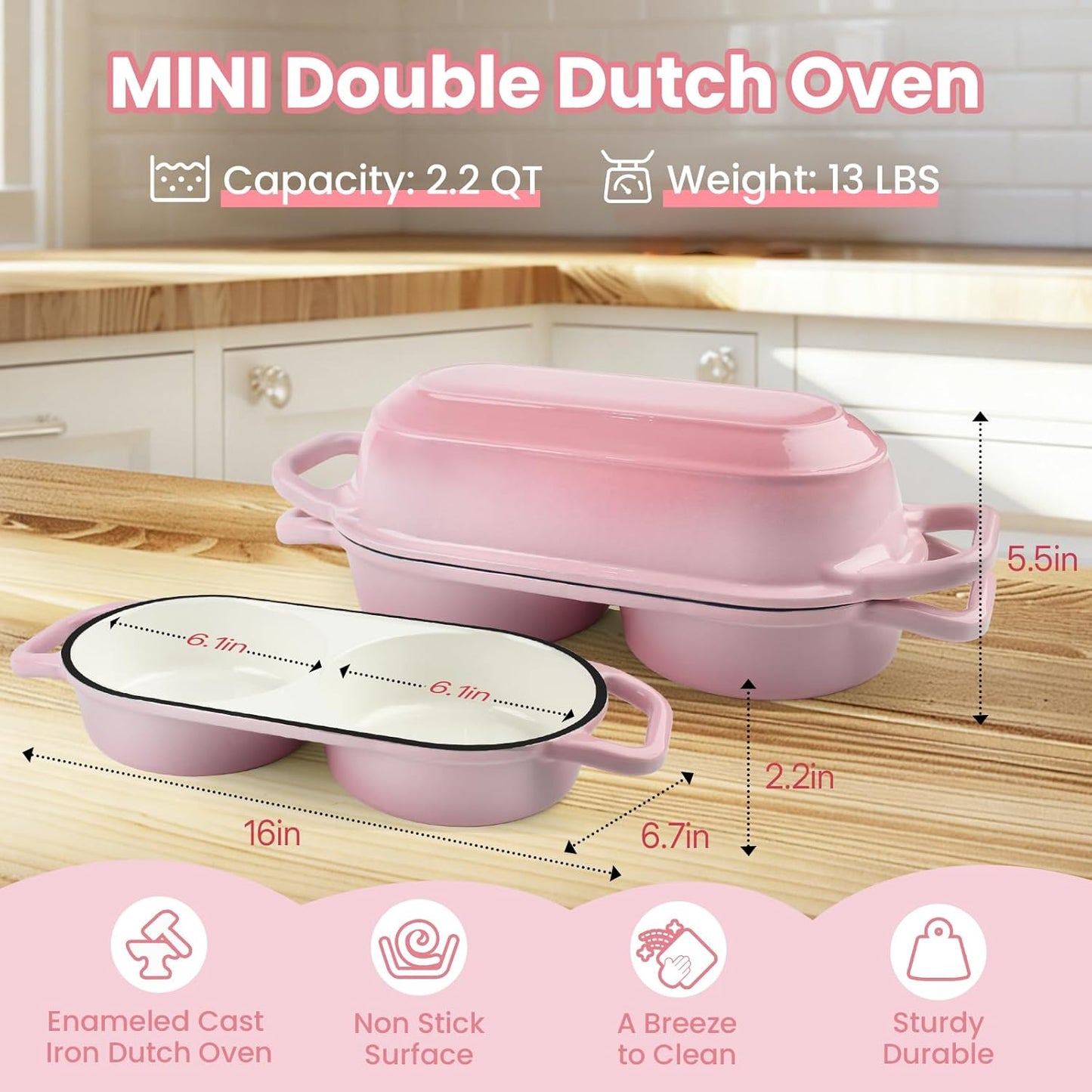 YONILL Mini Double Dutch Oven for Sourdough Bread Baking - Enameled Cast Iron Dutch Oven Pot with Lid and 5" Banneton Bread Proofing Basket Kit, Dual Round Bread Loaf Pan for Homemade Baking (Pink)