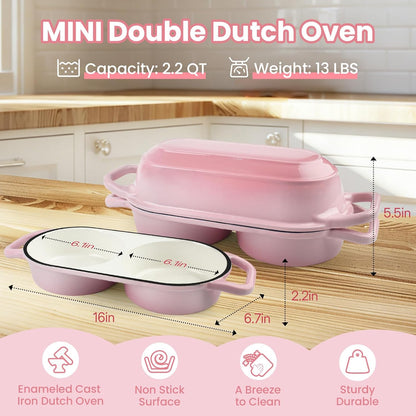 YONILL Mini Double Dutch Oven for Sourdough Bread Baking - Enameled Cast Iron Dutch Oven Pot with Lid and 5" Banneton Bread Proofing Basket Kit, Dual Round Bread Loaf Pan for Homemade Baking (Pink)