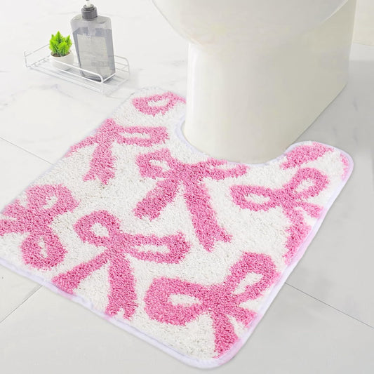 FYSUIMU Pink Bow Bathroom Rug U Shaped Toilet Rug Coquette Bowknot Tufted Bath Mat Non Slip Washable Floor Mat for Home Hotel Bathroom Restroom Decor