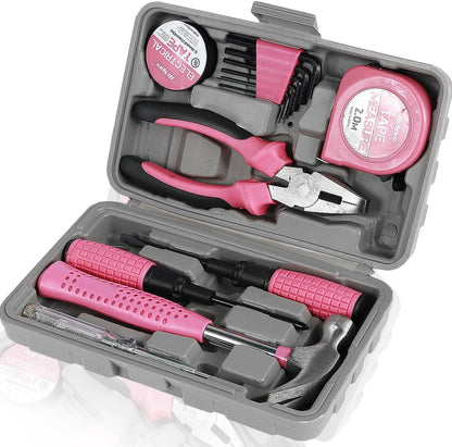 13/24Pcs Household Repair Tool Kit Multi-Purpose Pink Home Hand Tool Set with Storage Case Hammer and Allen Key Set with Electrical Tape Screwdriver Test Pen Plier Bits QUZHEMA_US